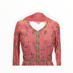 Zari Designs pink Anarkali dress with floral embroidery, mirror work, and a matching dupatta on a mannequin