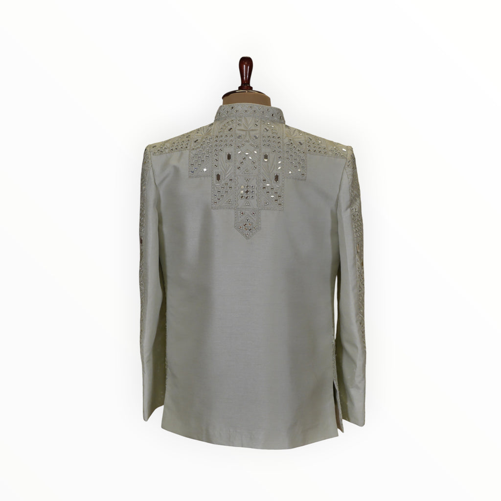 Zari Designs pista green Indo-Western men's jacket featuring intricate mirror work embroidery on the shoulders
