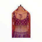 Zari Designs purple Banarsi lehnga blouse with intricate floral embroidery, sequins, and a sheer red dupatta back view