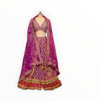 Zari Designs purple Carnival Lehnga with intricate gold embroidery, mirror work, and a matching sheer dupatta.