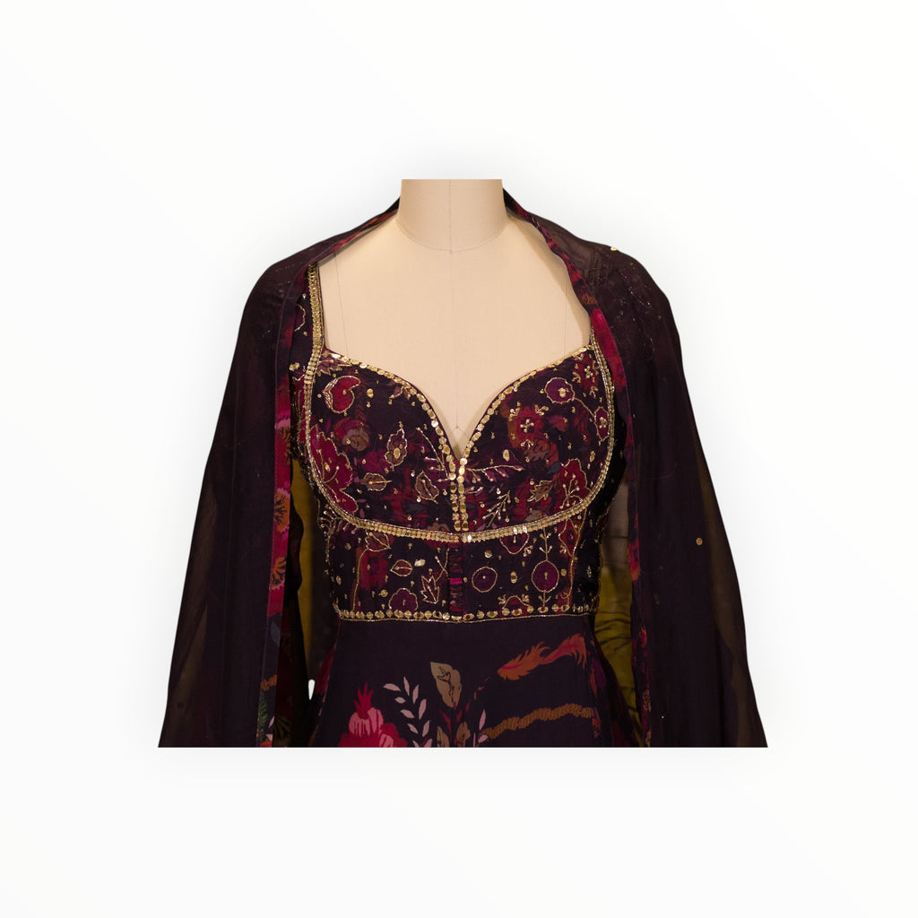 Zari Designs Mahima Mahajan inspired dark purple Anarkali dress with floral embroidery and sequin bodice detail