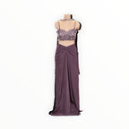 Zari Designs purple ready-to-wear saree with a sleeveless, heavily embellished sequin blouse on a mannequin.