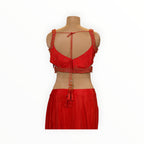 Back view of a Zari Designs red ready saree blouse featuring intricate gold embroidery and beaded tassel tie-up