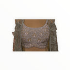 Zari Designs Indo Western crepe blouse in silver with intricate gold and silver floral embroidery and sequin work