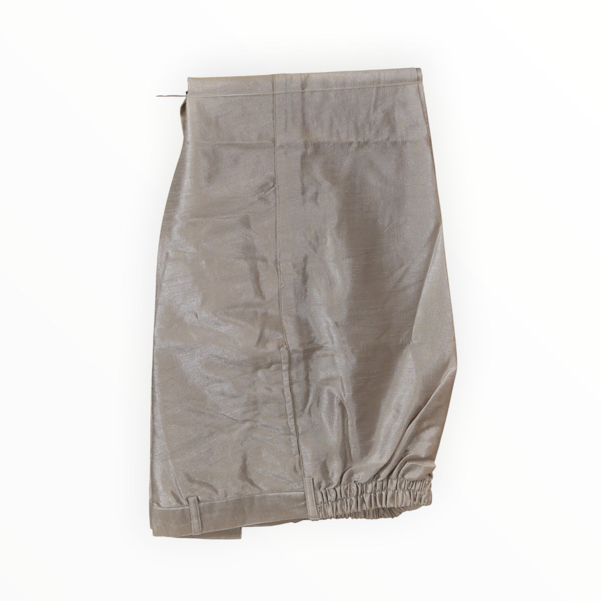 Zari Designs men's silver Indo-Western trousers with a subtle sheen and elasticated back waistband on a hanger